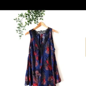 Intimately Free People Blue Floral Lace-Trim Chemise